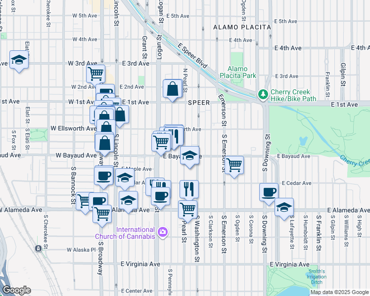 map of restaurants, bars, coffee shops, grocery stores, and more near 66 S Pearl St in Denver