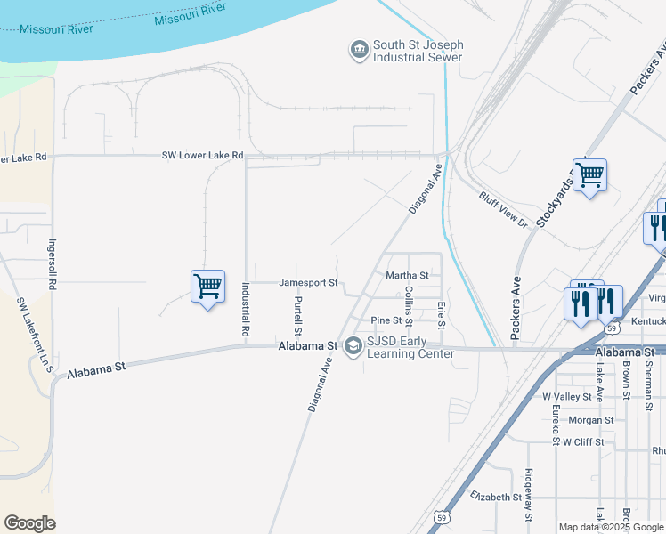 map of restaurants, bars, coffee shops, grocery stores, and more near 1903 Jamesport Street in Saint Joseph