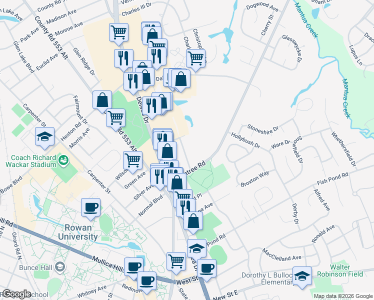 map of restaurants, bars, coffee shops, grocery stores, and more near 112 Sylvan Terrace in Glassboro