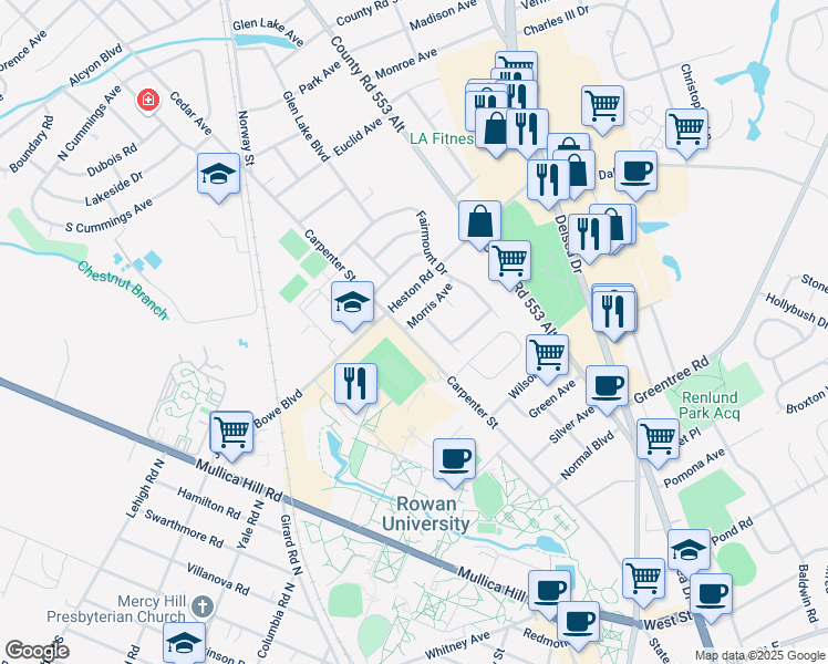 map of restaurants, bars, coffee shops, grocery stores, and more near 614 Carpenter Street in Glassboro