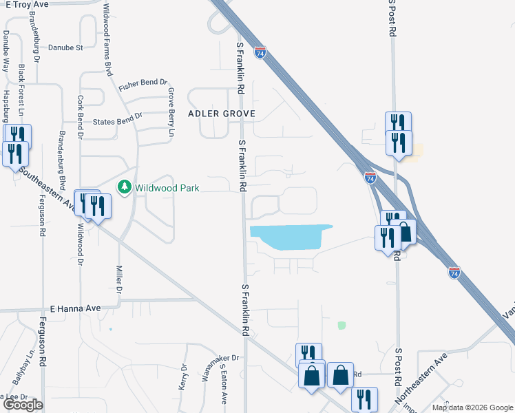 map of restaurants, bars, coffee shops, grocery stores, and more near 8515 Faywood Drive in Indianapolis