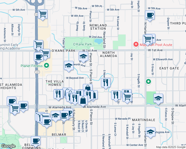 map of restaurants, bars, coffee shops, grocery stores, and more near 80 South Pierce Street in Lakewood