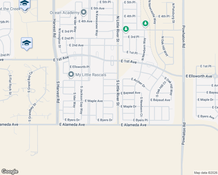 map of restaurants, bars, coffee shops, grocery stores, and more near 25521 East Bayaud Place in Aurora