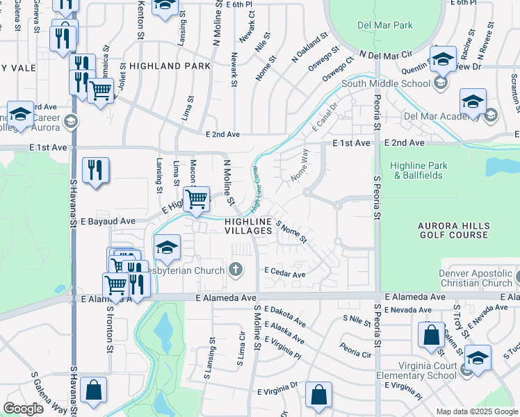 map of restaurants, bars, coffee shops, grocery stores, and more near 14 South Nome Street in Aurora