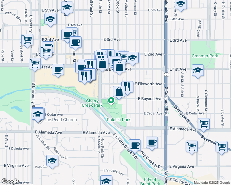 map of restaurants, bars, coffee shops, grocery stores, and more near 1 South Madison Street in Denver