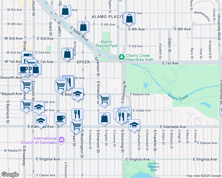 map of restaurants, bars, coffee shops, grocery stores, and more near in Denver