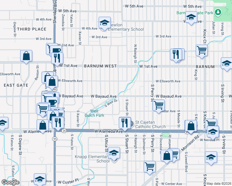 map of restaurants, bars, coffee shops, grocery stores, and more near 79 South Utica Street in Denver