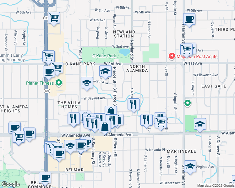 map of restaurants, bars, coffee shops, grocery stores, and more near 80 South Pierce Street in Lakewood