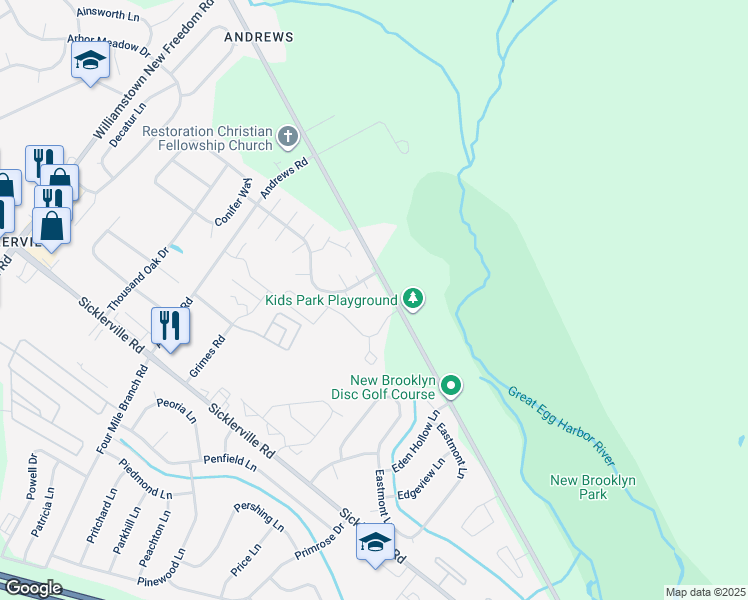 map of restaurants, bars, coffee shops, grocery stores, and more near 129 New Brooklyn Blackwood Road in Sicklerville