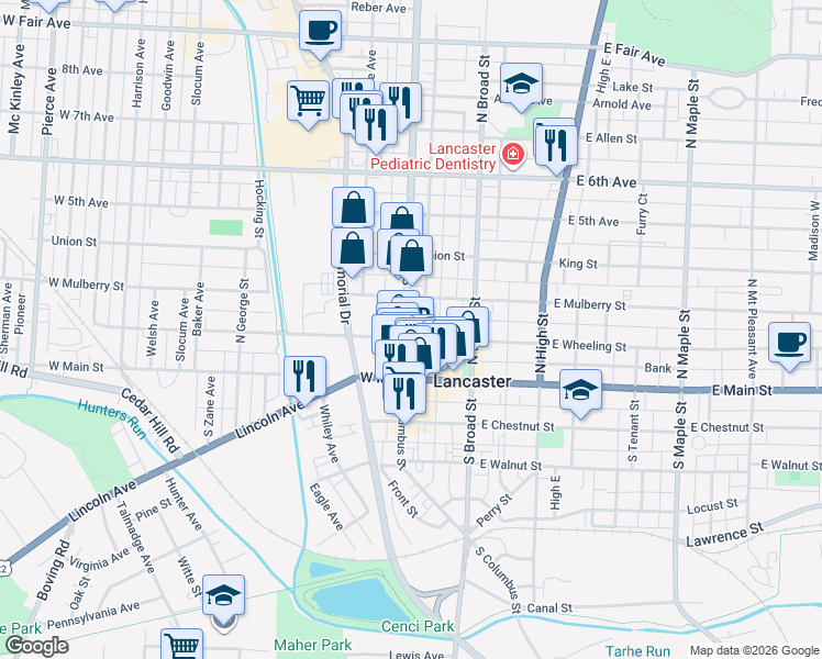 map of restaurants, bars, coffee shops, grocery stores, and more near 211 North Columbus Street in Lancaster