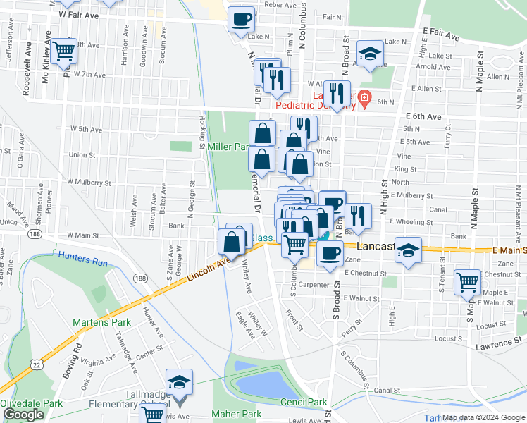 map of restaurants, bars, coffee shops, grocery stores, and more near 211 N Memorial Dr in Lancaster