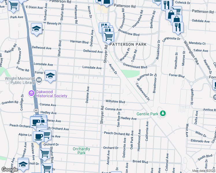 map of restaurants, bars, coffee shops, grocery stores, and more near 527 Aberdeen Avenue in Dayton