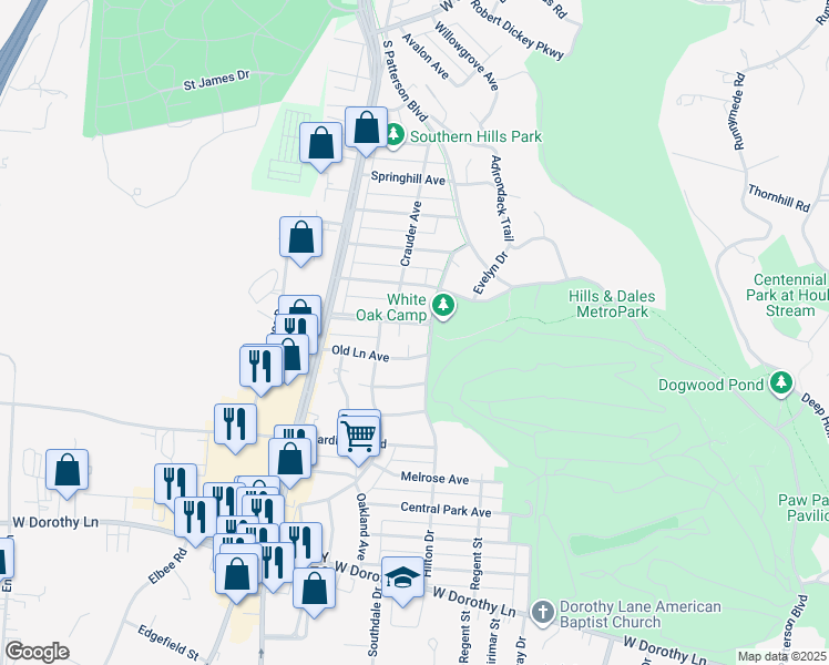 map of restaurants, bars, coffee shops, grocery stores, and more near 2601 Hilton Drive in Kettering