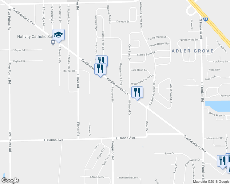map of restaurants, bars, coffee shops, grocery stores, and more near 7809 Southeastern Avenue in Indianapolis