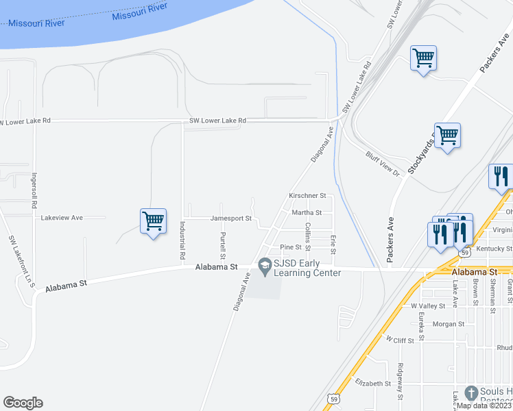 map of restaurants, bars, coffee shops, grocery stores, and more near 1903 Jamesport Street in Saint Joseph