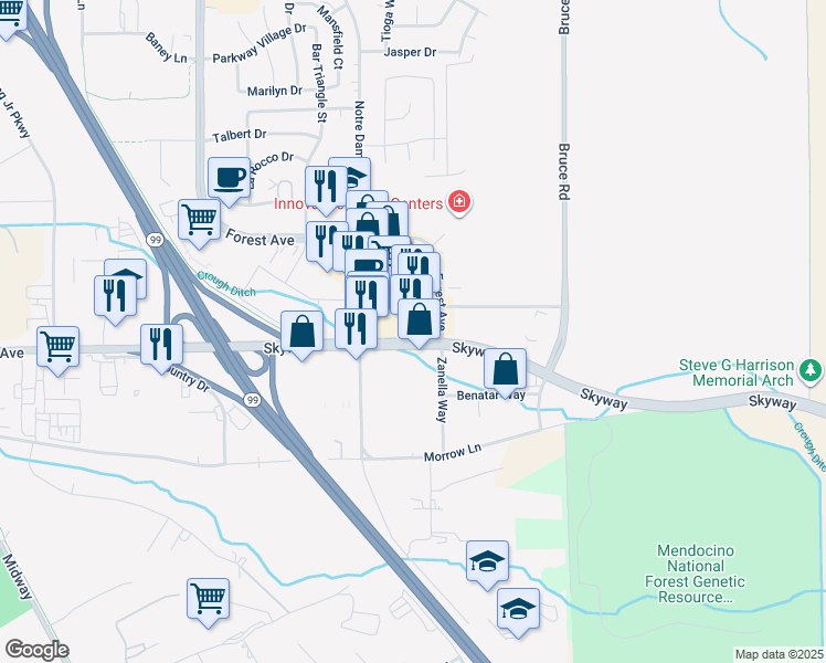 map of restaurants, bars, coffee shops, grocery stores, and more near 2485 Notre Dame Boulevard in Chico