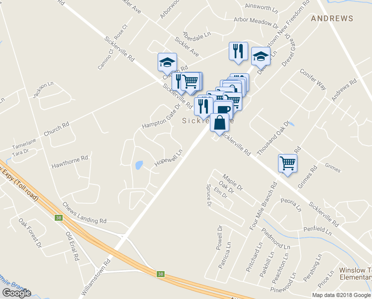 map of restaurants, bars, coffee shops, grocery stores, and more near 52 Hopewell Lane in Winslow Township