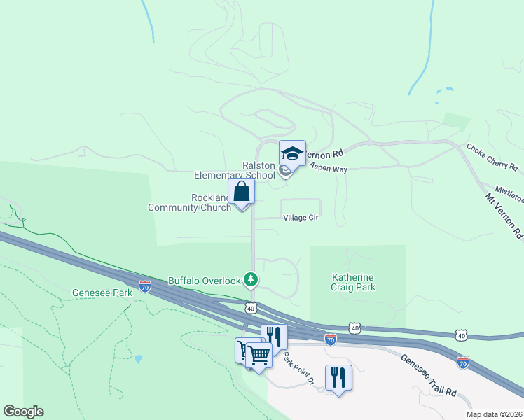 map of restaurants, bars, coffee shops, grocery stores, and more near 25971 Village Circle in Golden