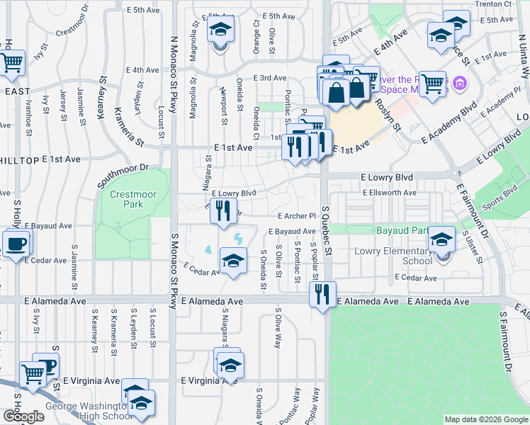 map of restaurants, bars, coffee shops, grocery stores, and more near 45 South Oneida Court in Denver