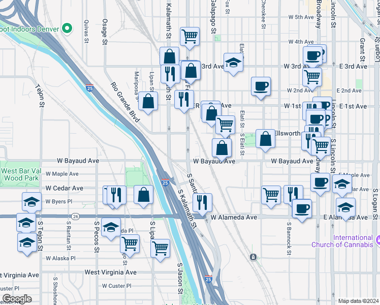 map of restaurants, bars, coffee shops, grocery stores, and more near 70 South Santa Fe Drive in Denver