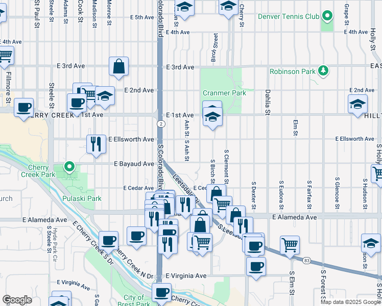 map of restaurants, bars, coffee shops, grocery stores, and more near 47 South Ash Street in Denver