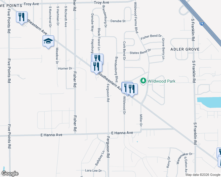 map of restaurants, bars, coffee shops, grocery stores, and more near 3637 Ferguson Road in Indianapolis