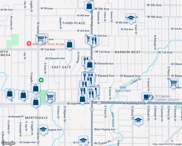 map of restaurants, bars, coffee shops, grocery stores, and more near 85 South Sheridan Boulevard in Denver