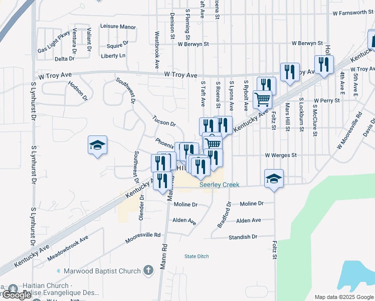 map of restaurants, bars, coffee shops, grocery stores, and more near 4333 Phoenix Drive in Indianapolis