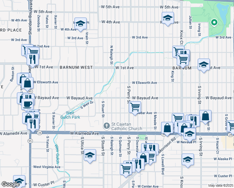 map of restaurants, bars, coffee shops, grocery stores, and more near 46 South Raleigh Street in Denver