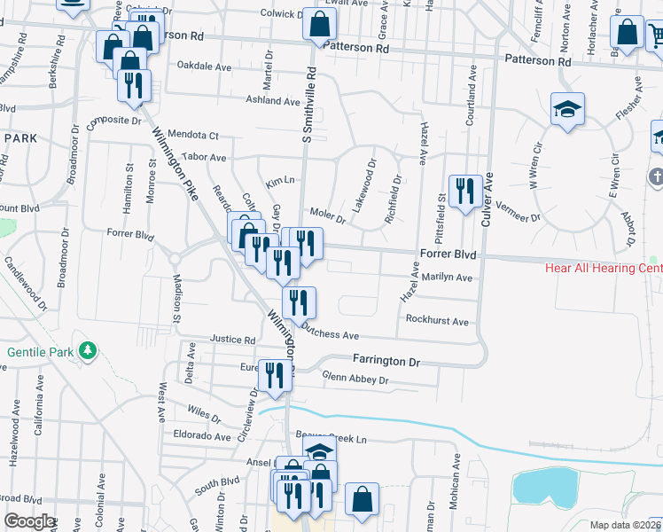 map of restaurants, bars, coffee shops, grocery stores, and more near 1345 Phoenix Place in Dayton