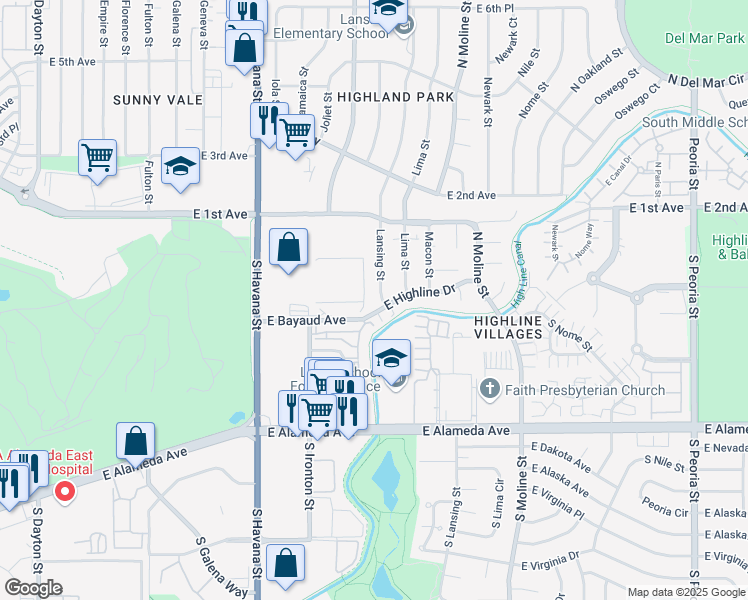 map of restaurants, bars, coffee shops, grocery stores, and more near 10 Lansing Street in Aurora