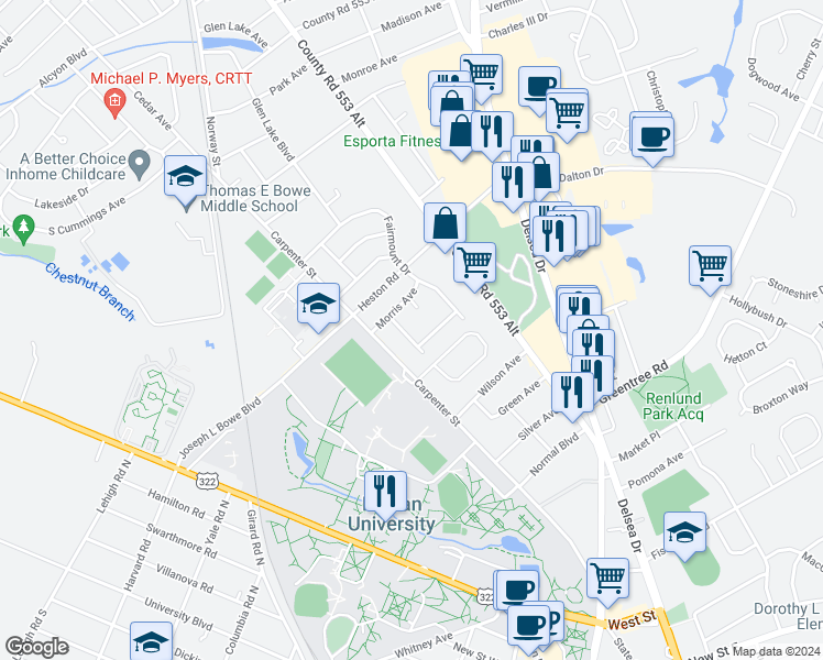 map of restaurants, bars, coffee shops, grocery stores, and more near 608 Shaw Avenue in Glassboro