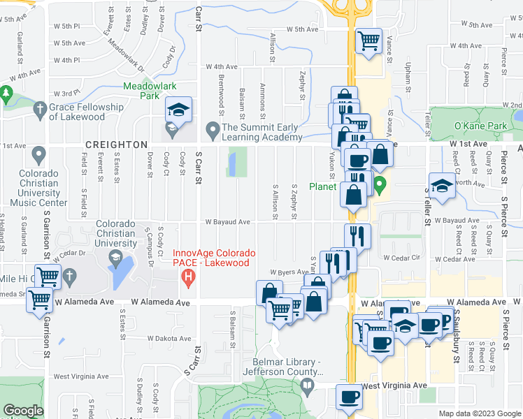 map of restaurants, bars, coffee shops, grocery stores, and more near 80 South Ammons Street in Lakewood
