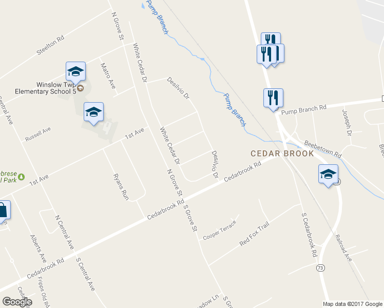 map of restaurants, bars, coffee shops, grocery stores, and more near 105 Wintergreen Avenue in Sicklerville