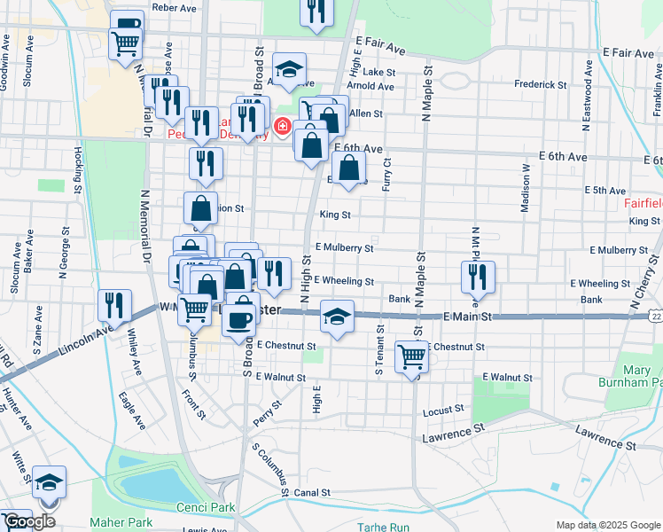 map of restaurants, bars, coffee shops, grocery stores, and more near 251 North Pearl Avenue in Lancaster