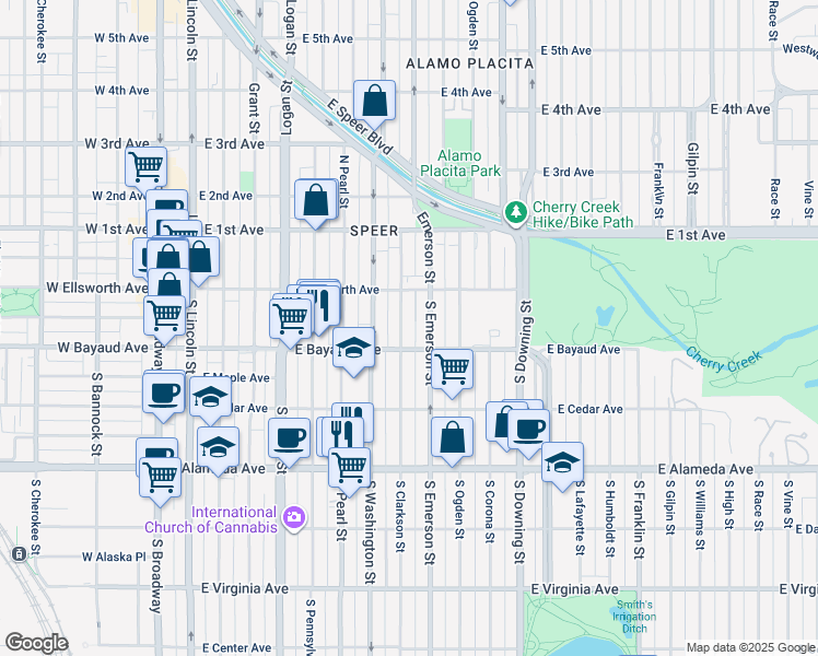 map of restaurants, bars, coffee shops, grocery stores, and more near 66 South Clarkson Street in Denver