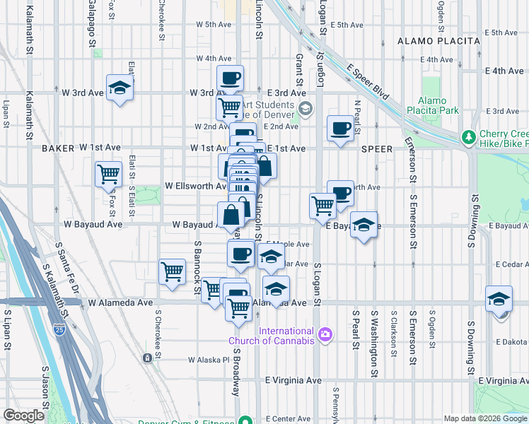 map of restaurants, bars, coffee shops, grocery stores, and more near 55 South Lincoln Street in Denver