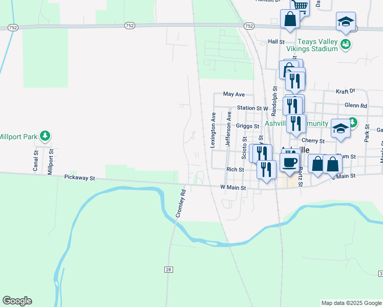 map of restaurants, bars, coffee shops, grocery stores, and more near 100 Miller Avenue in Ashville