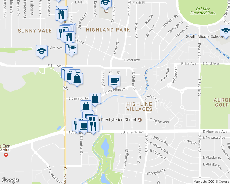 map of restaurants, bars, coffee shops, grocery stores, and more near 11354 East Highline Drive in Aurora