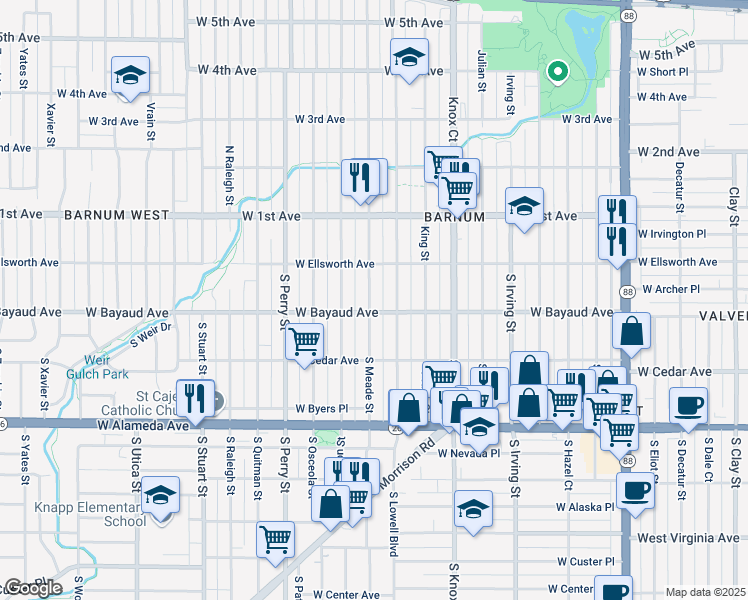 map of restaurants, bars, coffee shops, grocery stores, and more near 74 South Meade Street in Denver