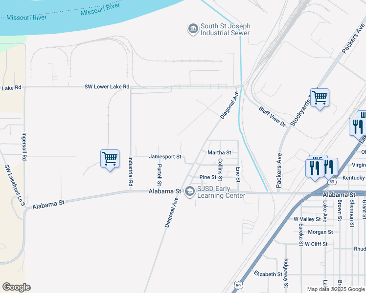 map of restaurants, bars, coffee shops, grocery stores, and more near 1901 Jamesport Street in Saint Joseph