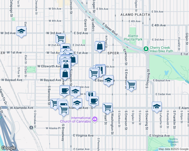 map of restaurants, bars, coffee shops, grocery stores, and more near 66 South Logan Street in Denver