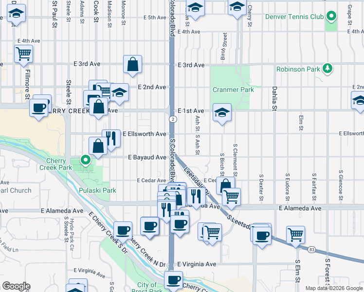 map of restaurants, bars, coffee shops, grocery stores, and more near 45 South Albion Street in Denver