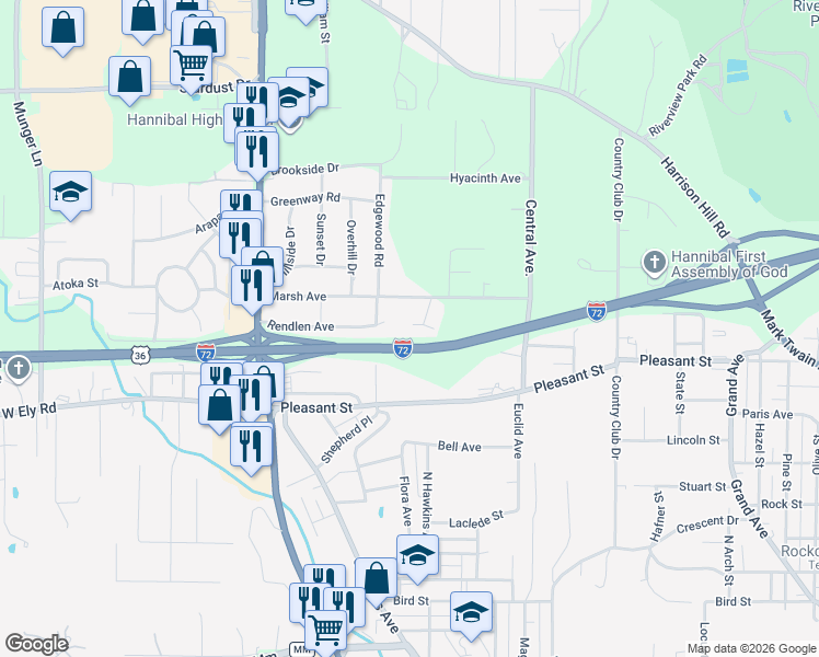 map of restaurants, bars, coffee shops, grocery stores, and more near 2 Marsh Circle in Hannibal