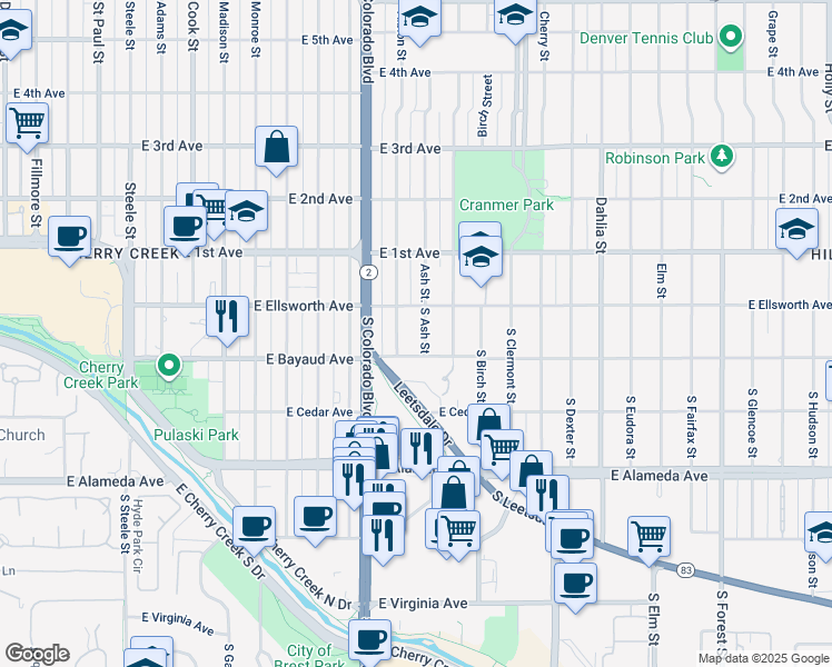 map of restaurants, bars, coffee shops, grocery stores, and more near 47 South Ash Street in Denver