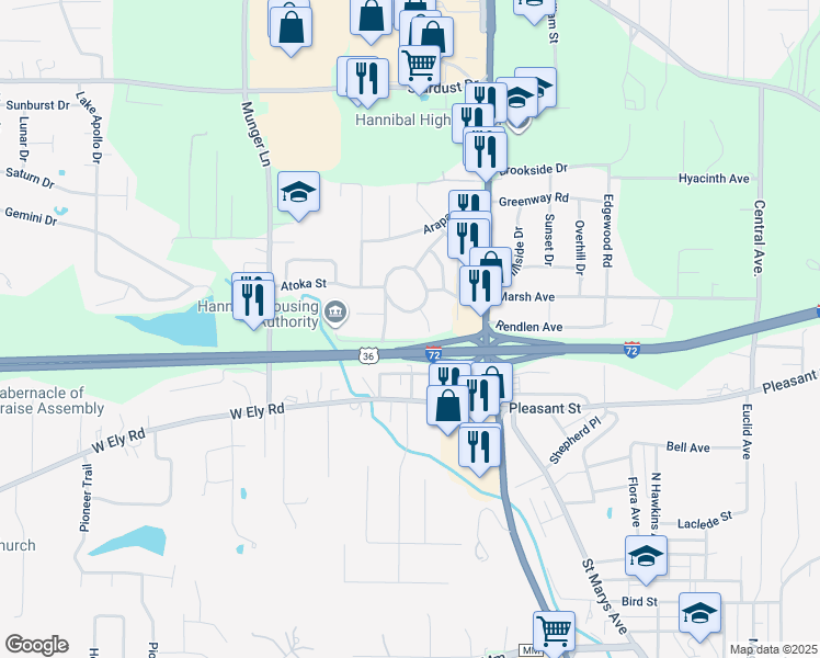map of restaurants, bars, coffee shops, grocery stores, and more near 3500 Navajo Street in Hannibal