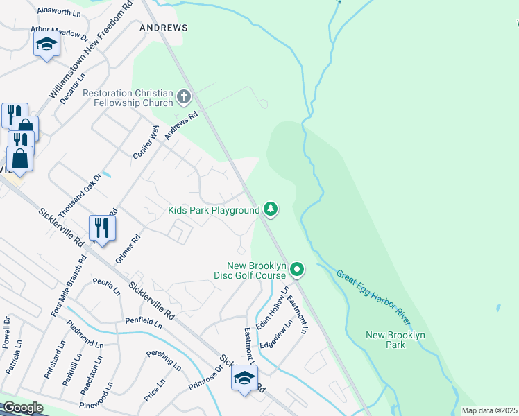 map of restaurants, bars, coffee shops, grocery stores, and more near 129 New Brooklyn Blackwood Road in Winslow Township
