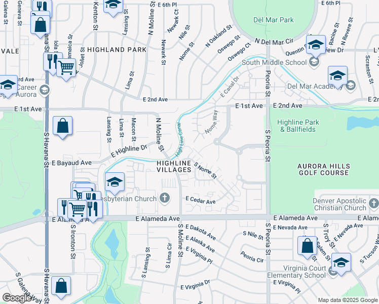 map of restaurants, bars, coffee shops, grocery stores, and more near 14 South Nome Street in Aurora