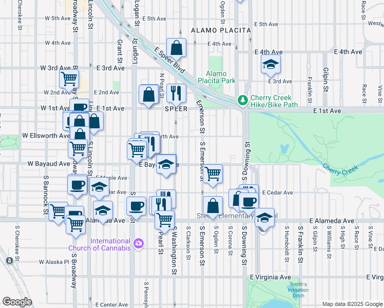 map of restaurants, bars, coffee shops, grocery stores, and more near 66 South Clarkson Street in Denver