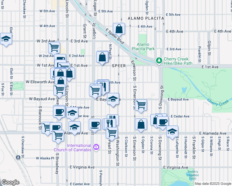 map of restaurants, bars, coffee shops, grocery stores, and more near 52 South Washington Street in Denver